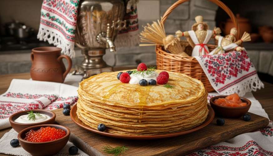 стол, блины, икра, сметана, ягоды, Масленица