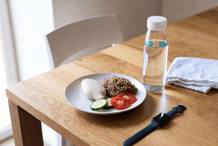 греча, курица, огурцы, помидоры, вода