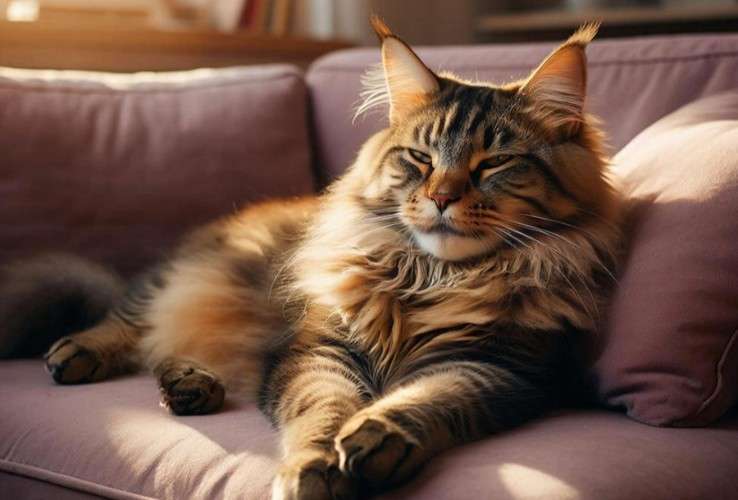 Кошка породы мейн-кун лежит на диване