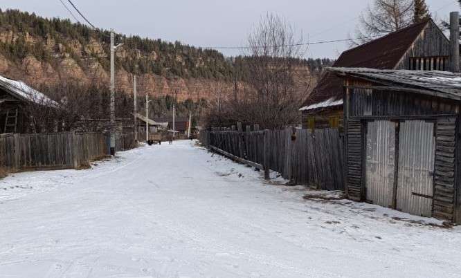 деревня, дома, забор, дорога, деревья, снег