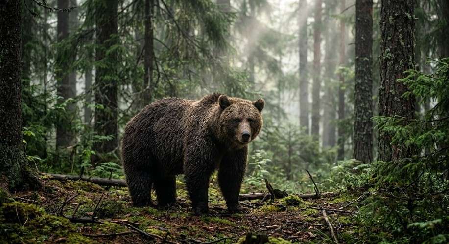 Бурый медведь посреди лесной чащи