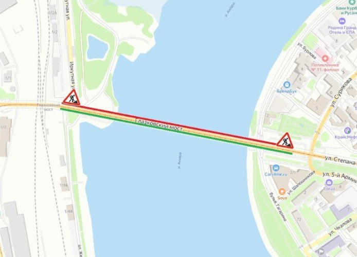 Ограничение движения действует 17 декабря на Глазковском мосту Иркутска