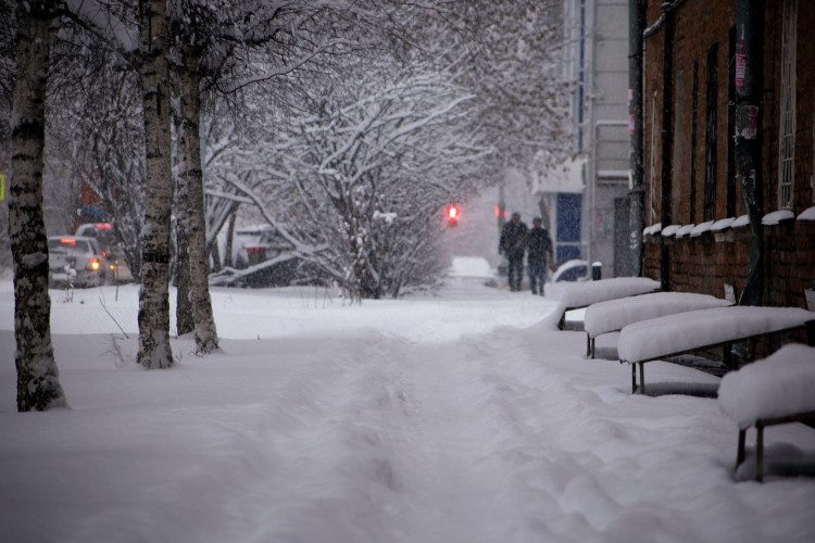 заснеженный тротуар в черте города, пешеходы и машины